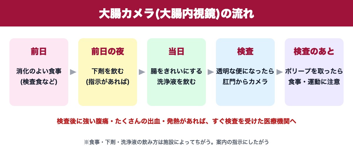 大腸カメラ(大腸内視鏡)の流れ(前日〜検査後)