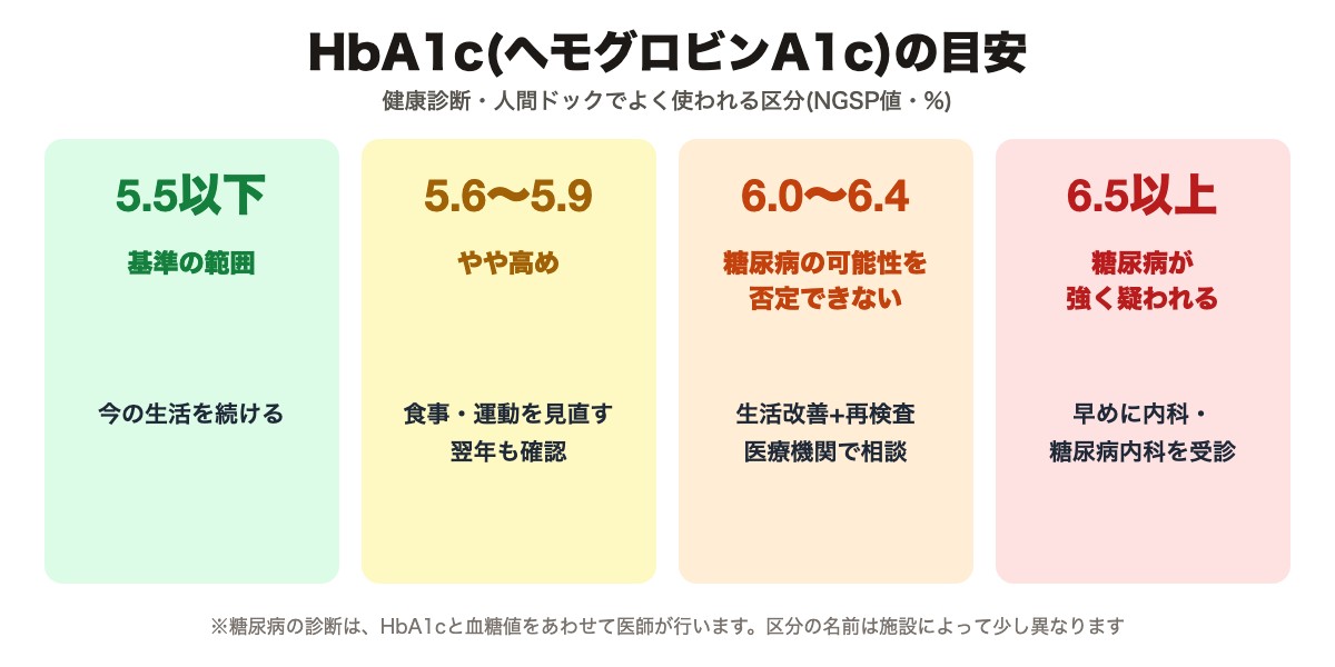 HbA1cの目安(5.5以下・5.6〜5.9・6.0〜6.4・6.5以上)