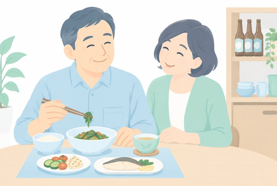 お酒をやめて食事を整える男性のイラスト