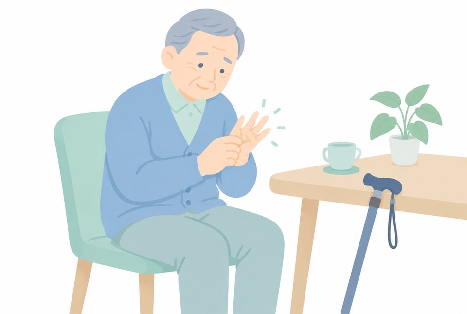 手先のしびれをさする高齢男性のイラスト