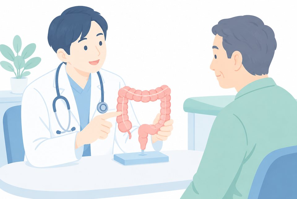 大腸の模型を使って説明を受ける男性のイラスト