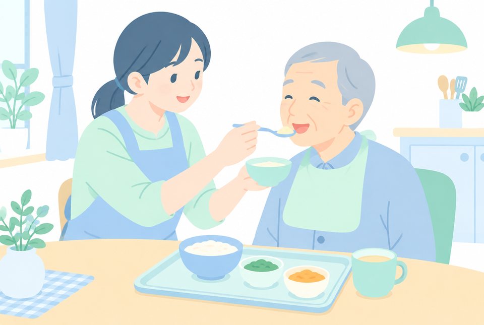 食事を介助してもらう男性のイラスト