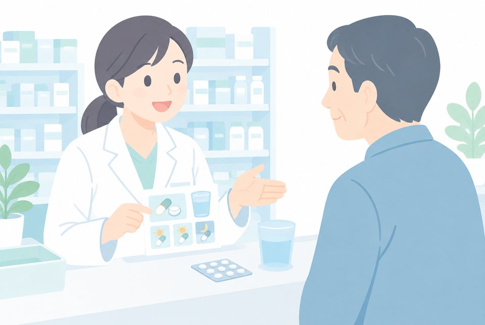薬剤師から薬の説明を受ける男性