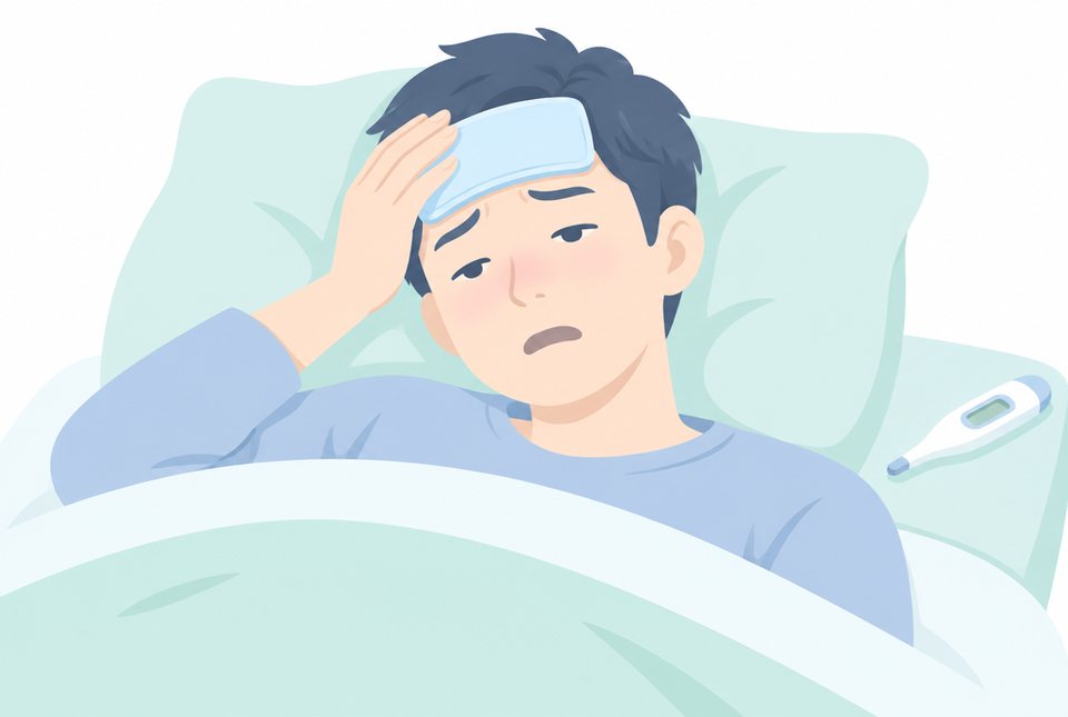 高熱と頭痛で横になる男性