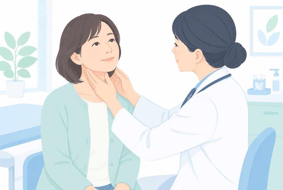 医師に首のリンパ節を触診してもらう女性のイラスト