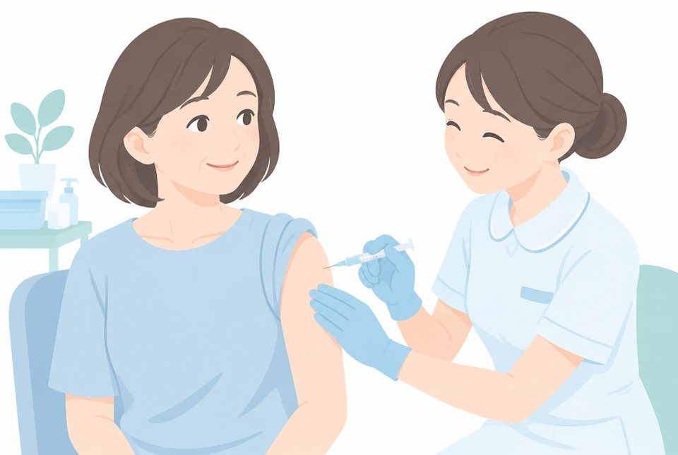 腕にワクチンを接種してもらう女性のイラスト