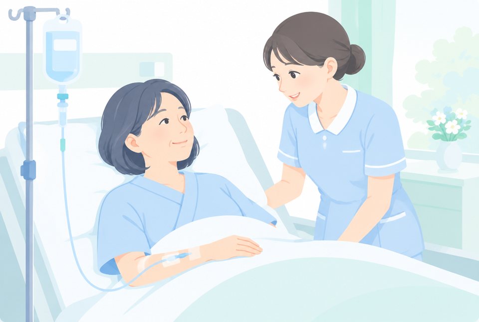 点滴を受けながら入院で休む女性