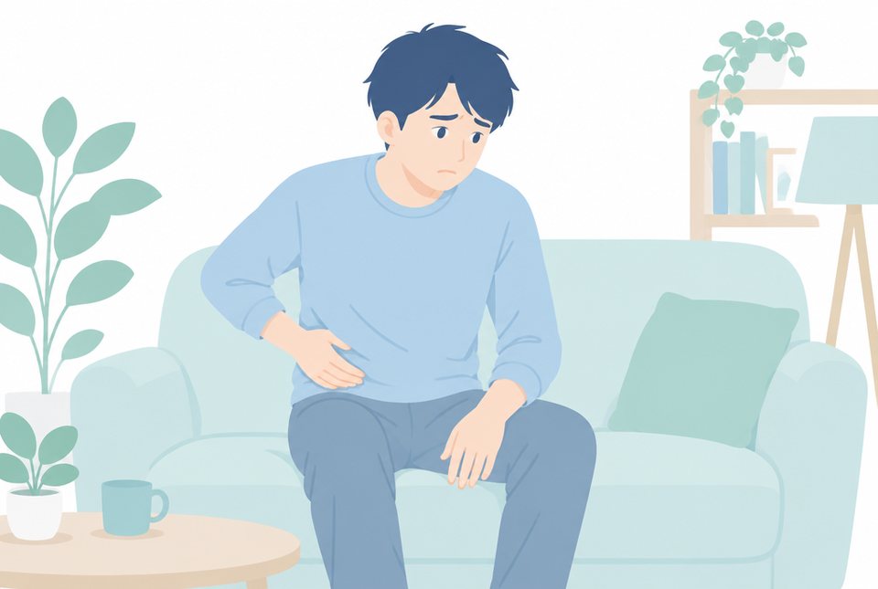 右下腹部を押さえて座る男性のイラスト