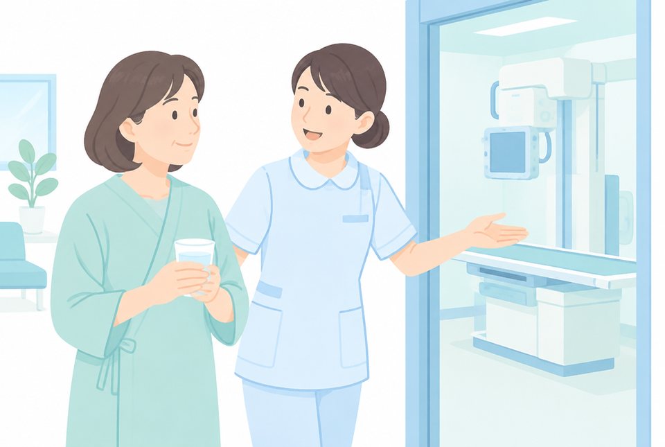 健診でバリウム検査を受ける準備をする女性のイラスト