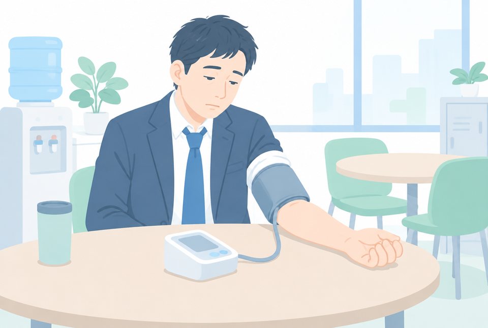 仕事の合間に血圧を測る男性のイラスト