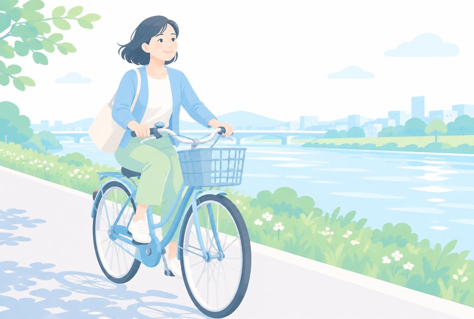 川沿いで自転車に乗る女性のイラスト