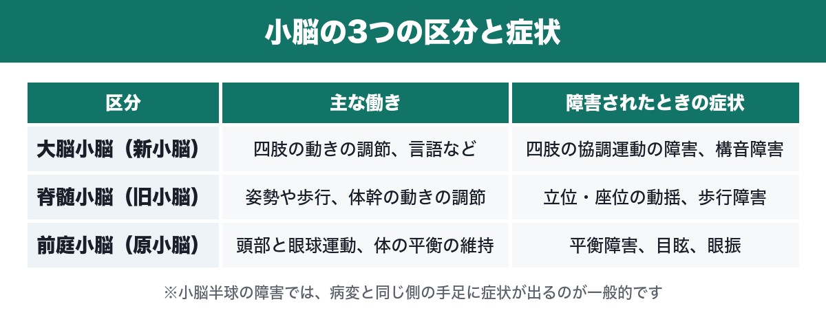 小脳の区分ごとの働きと症状の表