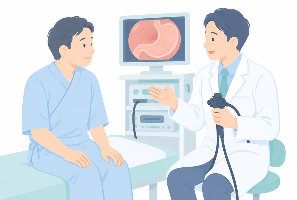 胃カメラの検査の説明を受ける男性のイラスト