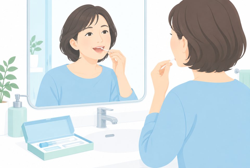 綿棒で頬の内側から検体を採る女性