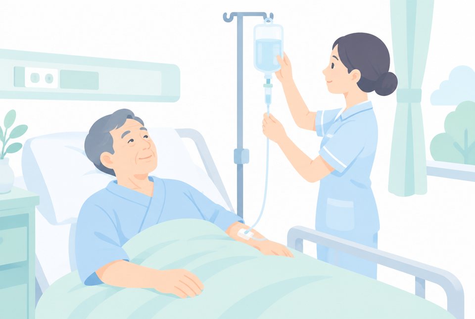 点滴を受ける入院中の男性のイラスト