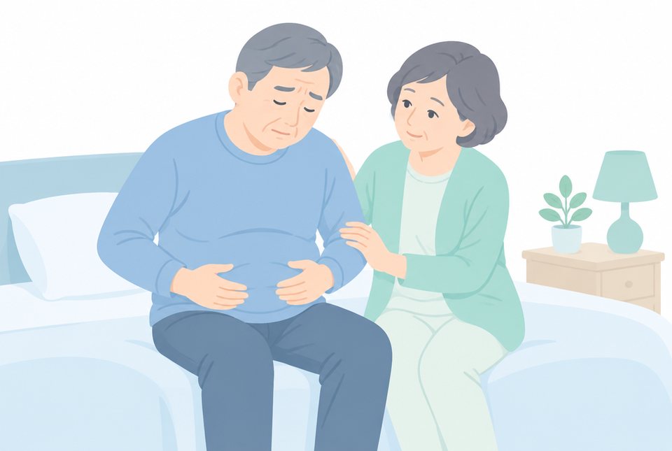 お腹の張りで休む男性のイラスト