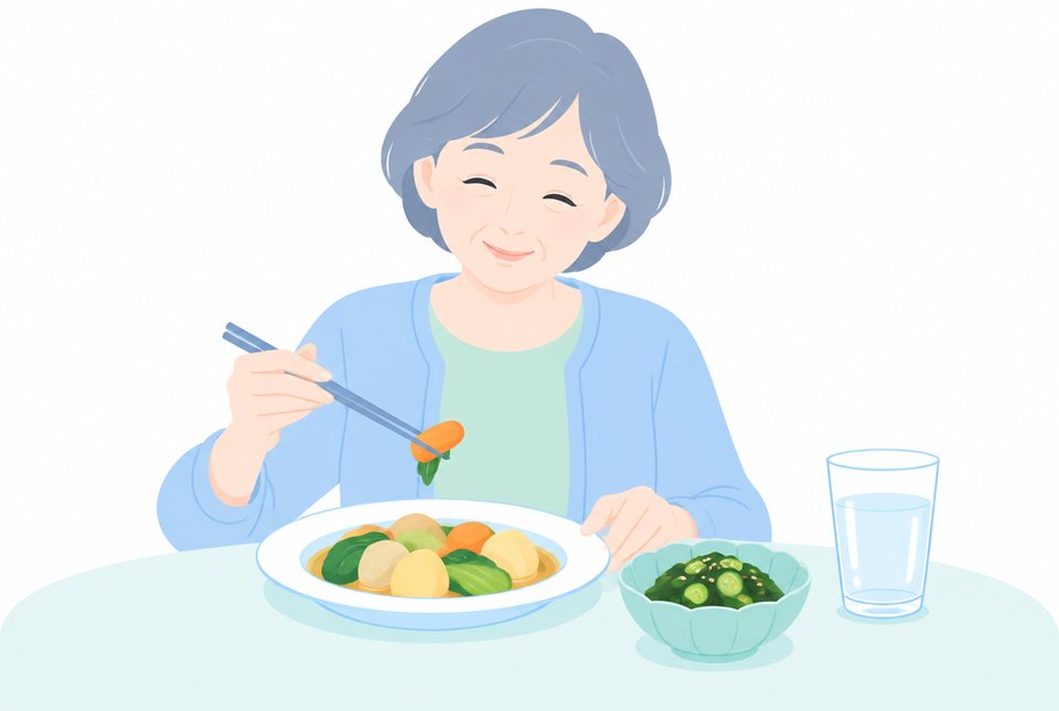 野菜や海藻を食べる女性のイラスト