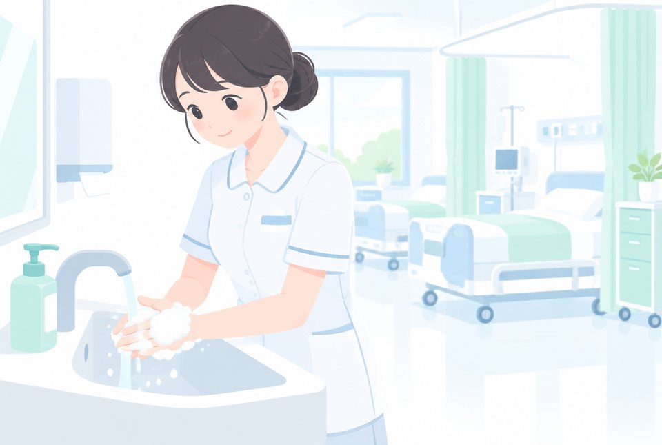 病院で丁寧に手を洗う看護師のイラスト