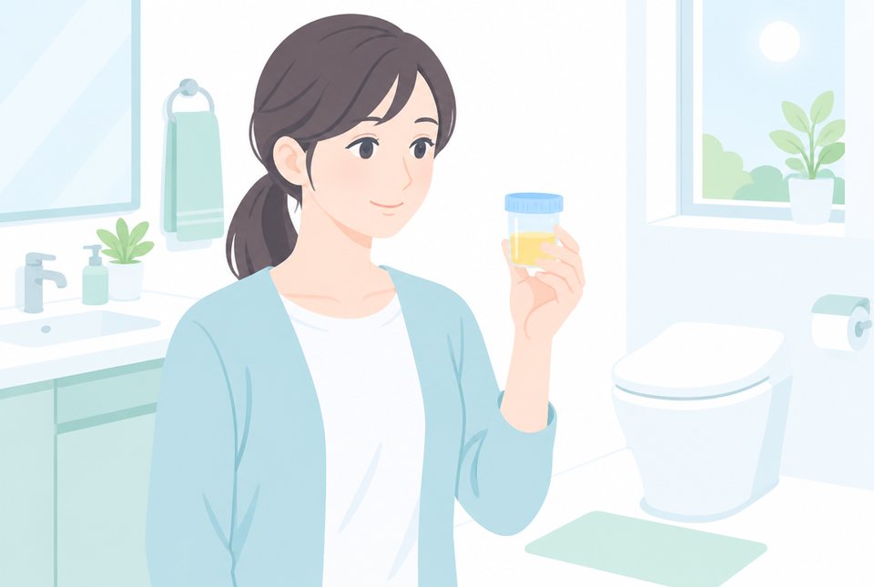 検査用の採尿カップを持つ女性のイラスト