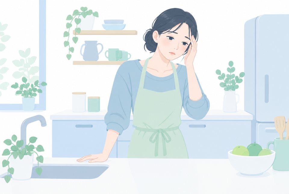 キッチンで疲れた様子の女性のイラスト