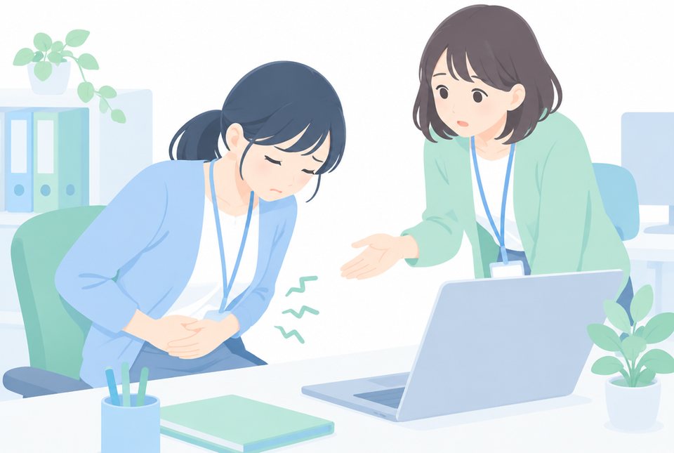 突然の下腹部痛に耐える女性
