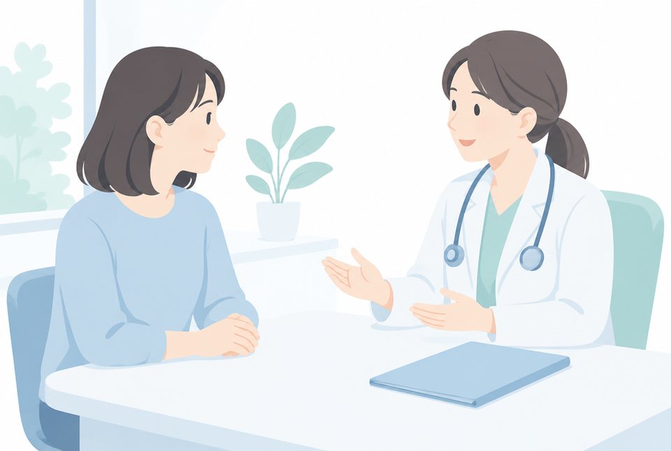 医師と検査について話す女性のイラスト