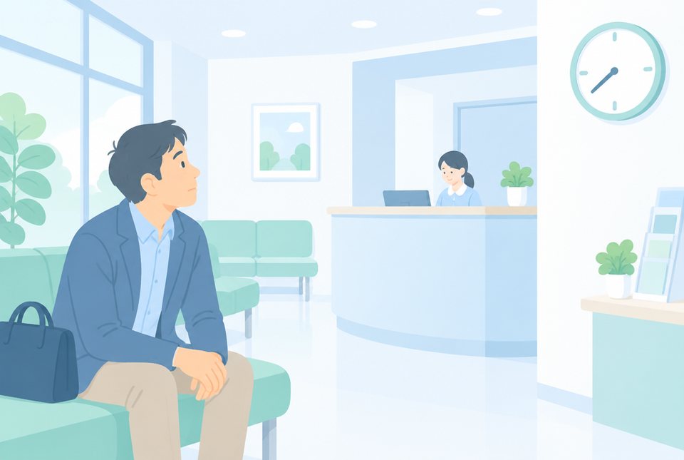 早朝の空腹で採血を待つ男性のイラスト