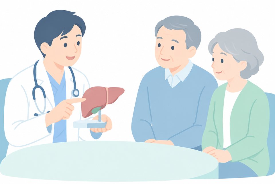 肝臓の模型を使って説明を受ける夫婦