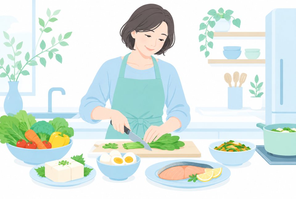 たんぱく質を含む食事を準備する女性のイラスト