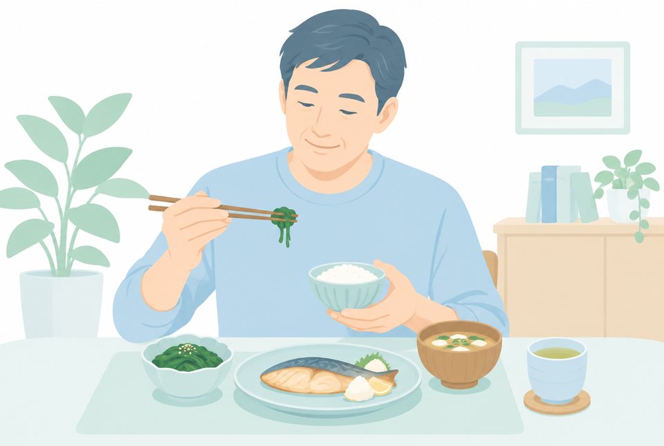 減塩を意識して食事をとる男性のイラスト