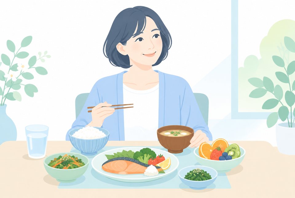 野菜や果物のある食卓の女性