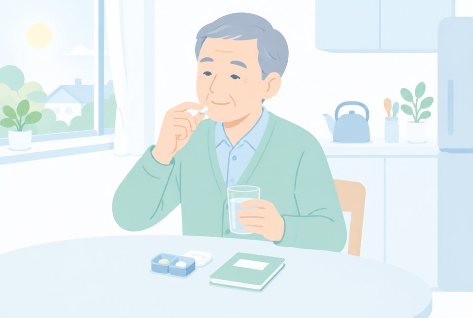 朝、少量の水で薬を飲む男性