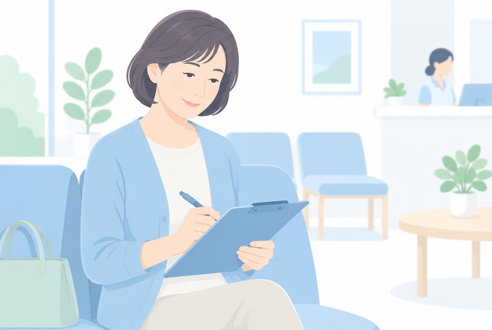 待合室で問診票を記入する女性