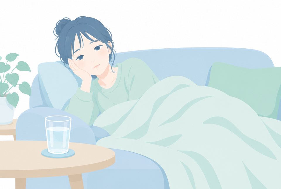 毛布をかけてソファで休む女性のイラスト