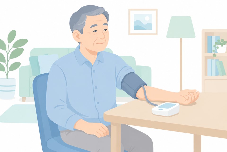 上腕で血圧を測る男性のイラスト