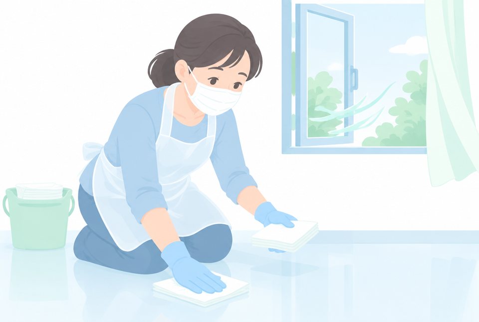 手袋とマスクを着けて床を拭く女性のイラスト