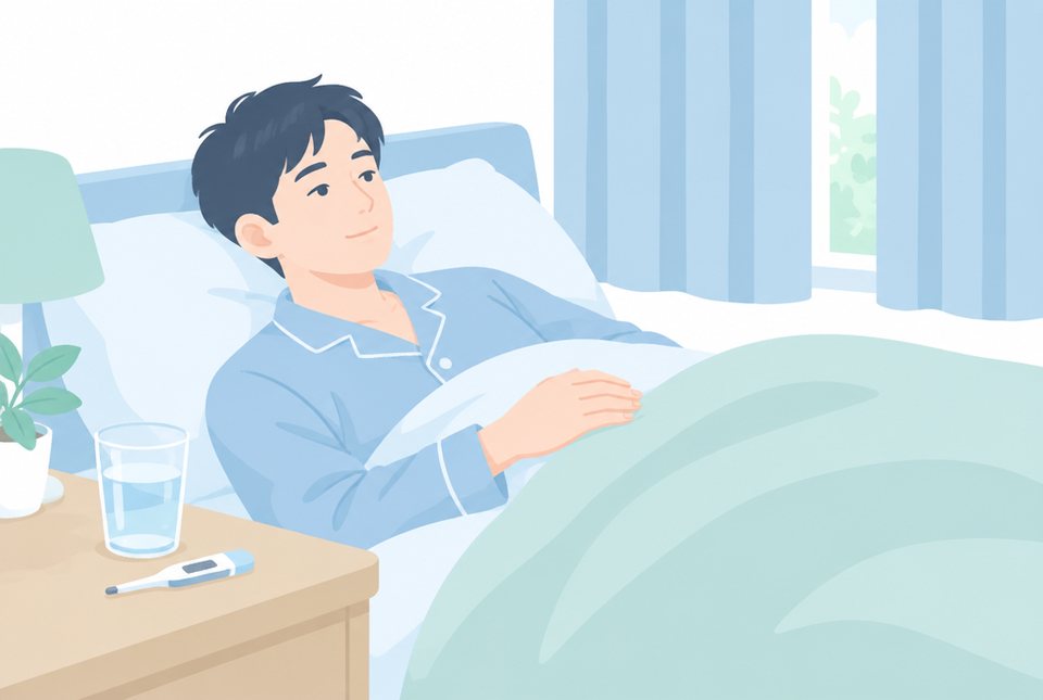 自宅で安静にしている男性のイラスト