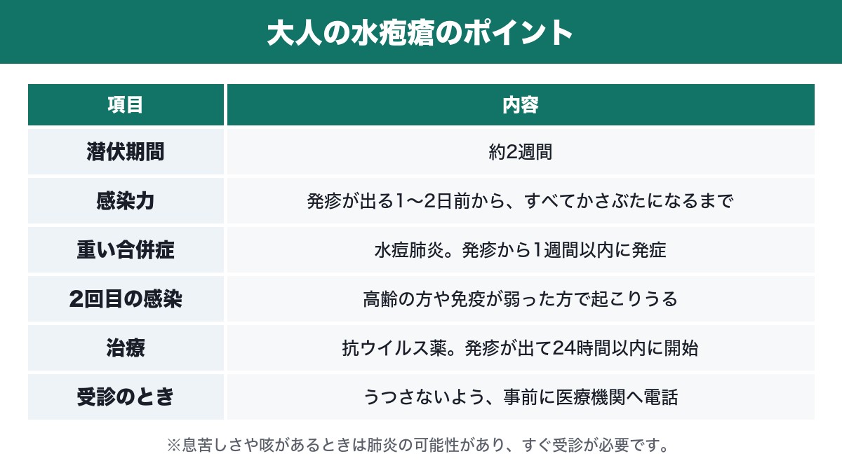大人の水疱瘡のポイントをまとめた表