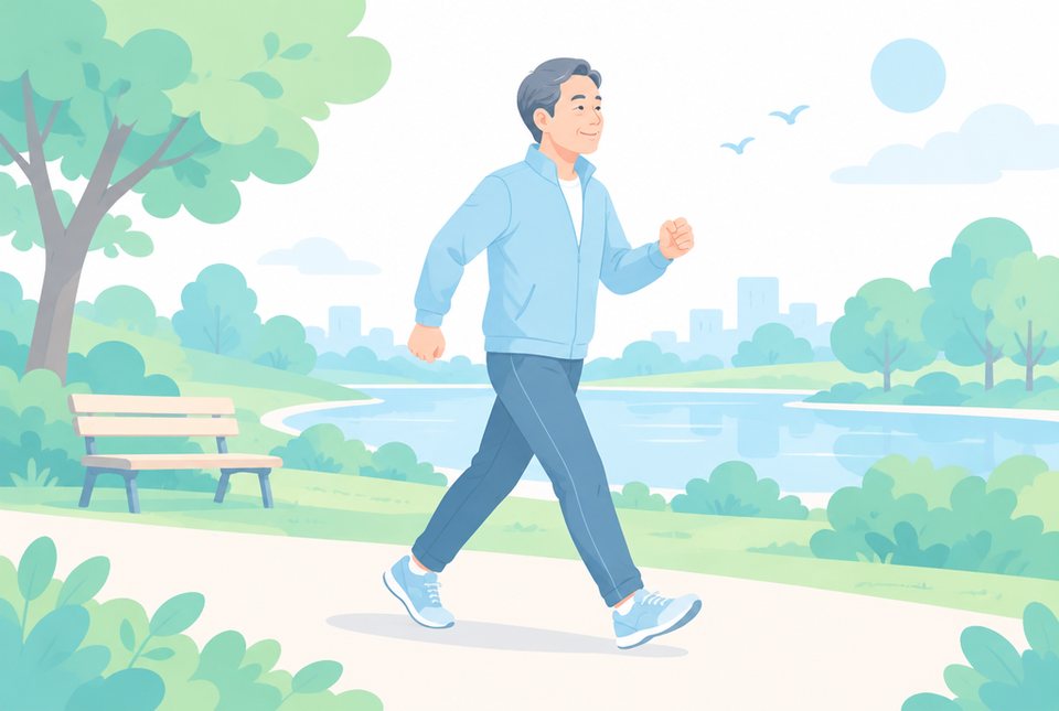 朝の公園を散歩する男性のイラスト