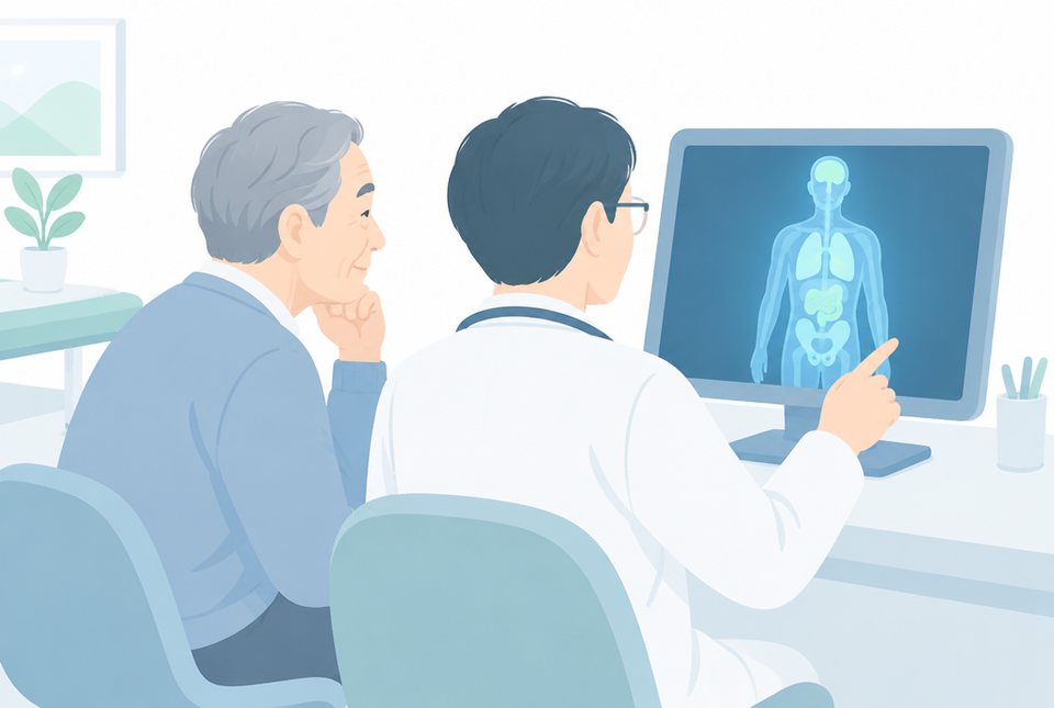 医師と一緒に全身の画像を見る男性のイラスト
