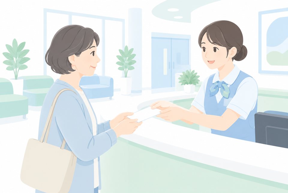 病院の会計で領収書を受け取る女性のイラスト