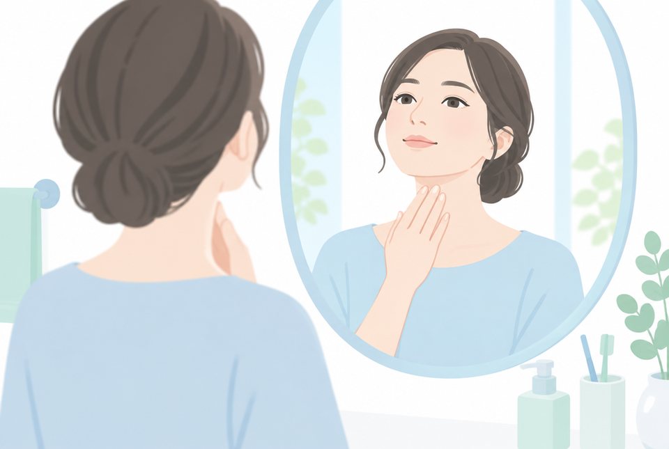 鏡の前で首の前を確かめる女性のイラスト