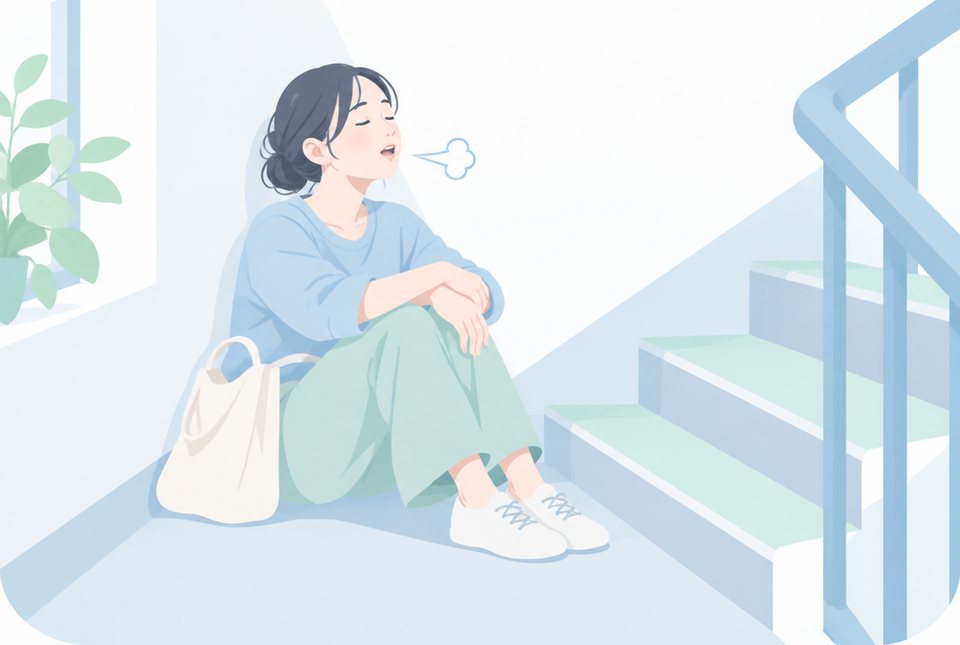 階段で休む疲れた様子の女性のイラスト