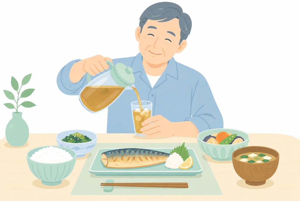麦茶と和食の夕食を楽しむ男性のイラスト