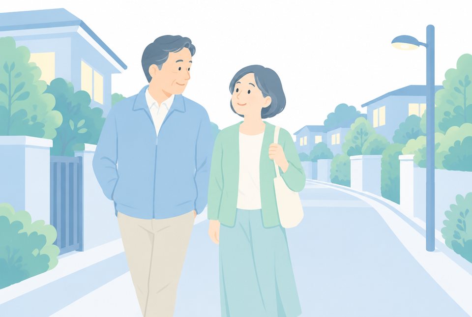 夕食後に散歩する夫婦のイラスト