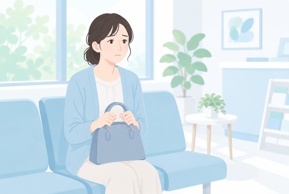 クリニックの待合室で不安そうに座る女性のイラスト