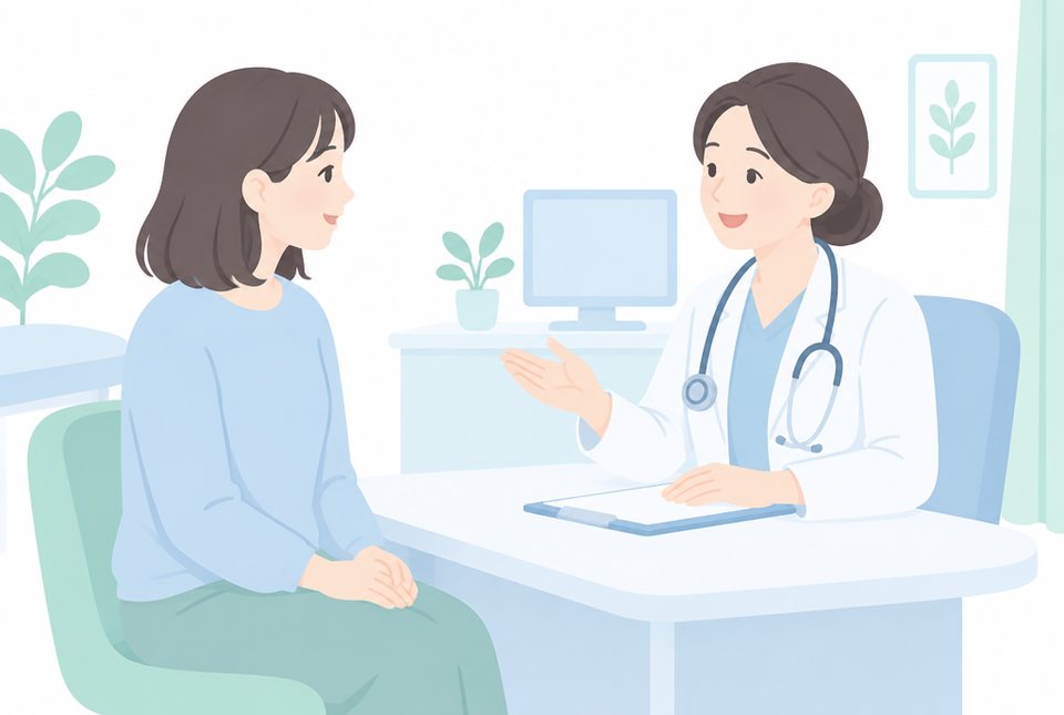 診察室で医師に相談する女性のイラスト