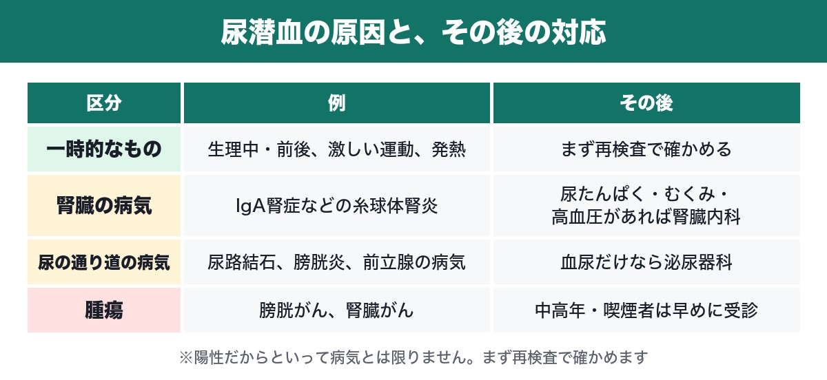 尿潜血の原因とその後の対応の表