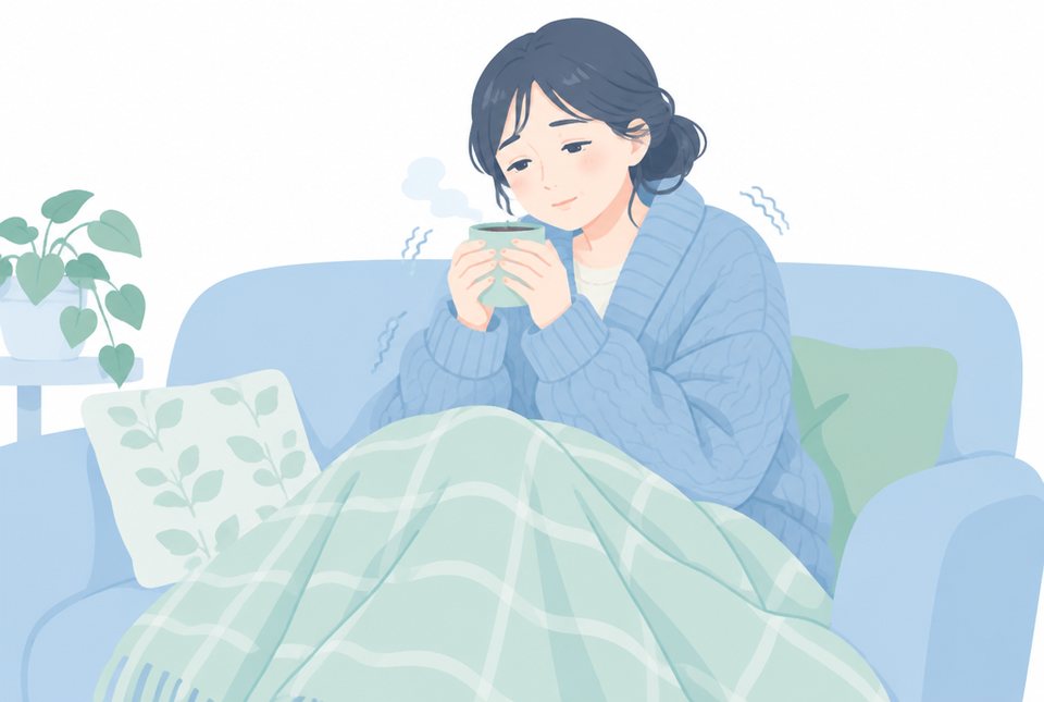 寒がりで毛布にくるまる女性のイラスト