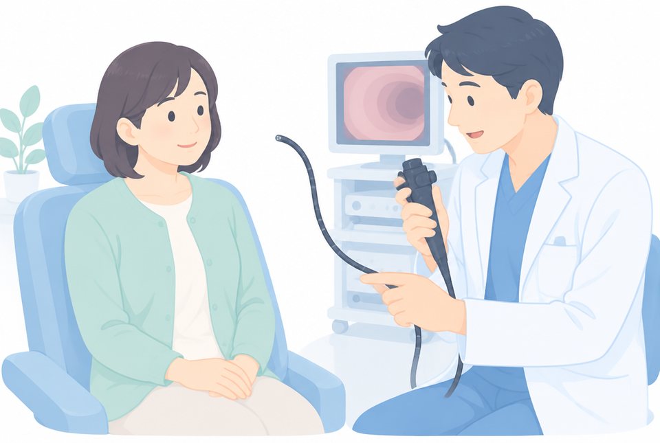 細い内視鏡の説明を受ける女性のイラスト